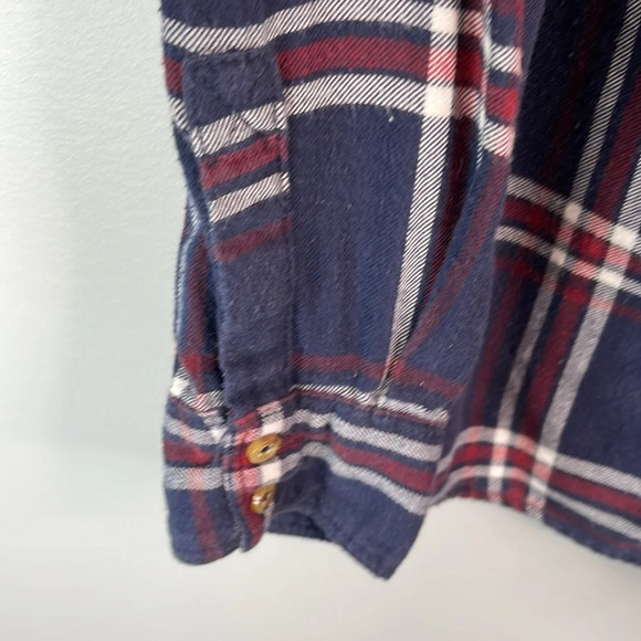 GARAGE Boyfriend Fit Plaid Hooded Flannel Shirt Navy Blue Burgundy White Size M - Picture 6 of 13